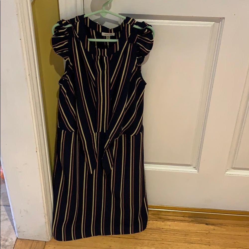 navy blue dress with orange and yellow stripes